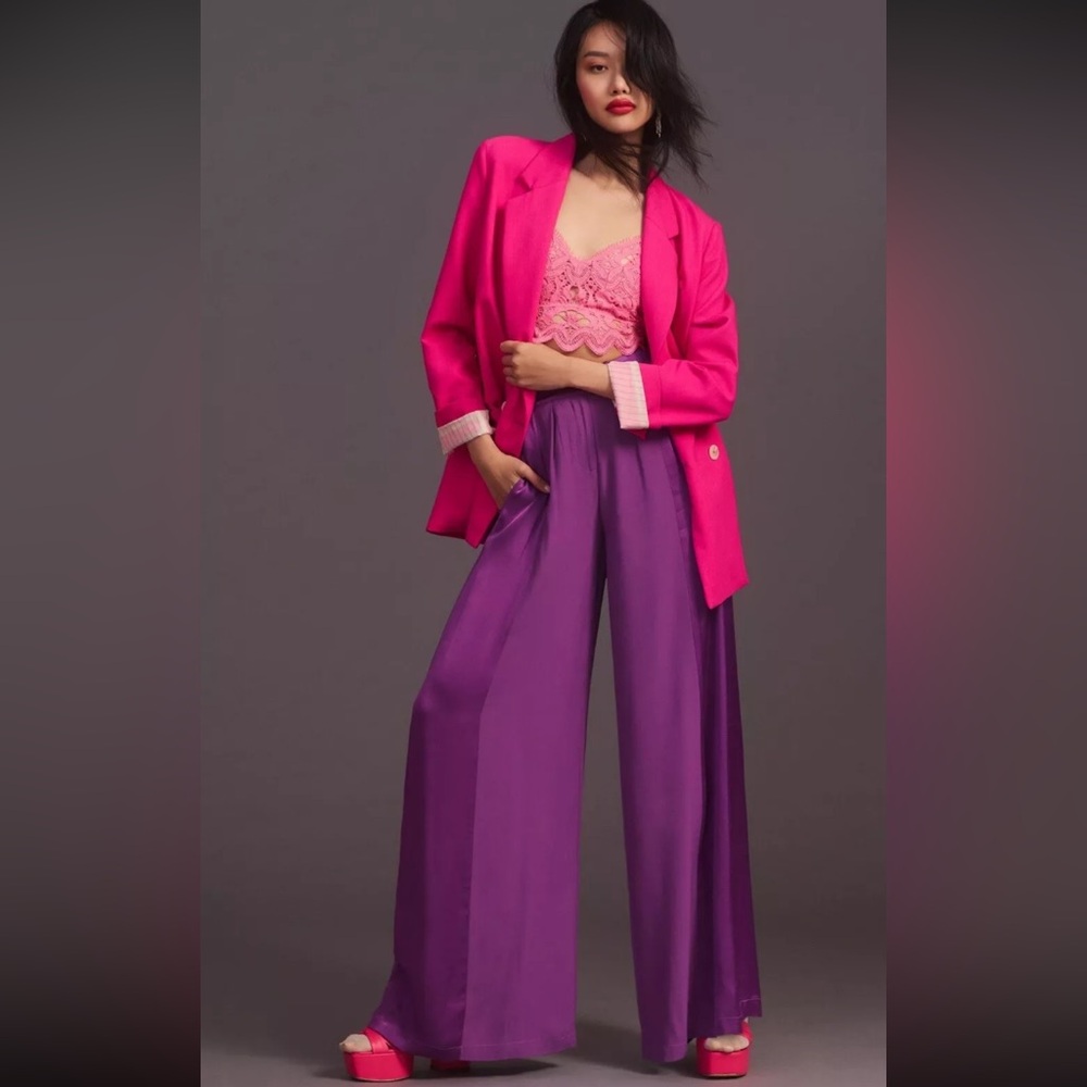 Anthropologie Corey Lynn Calter Two Tone Purple Wide-Leg‎ Satin Pants Sz S